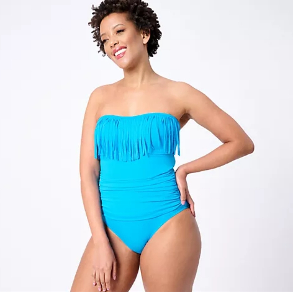 NWOT Swimsuits for All x Kim Gravel Fringe One-Piece Swimsuit Calypso Blue - 22W - Picture 2 of 12